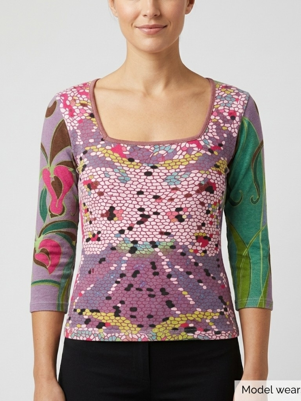 Square-Neck Long Sleeve Tee in Pink, Purple & Green Mosaic